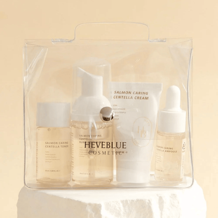 Heveblue Salmon Caring Centella Special Travel Kit – kórejská sada starostlivosti o pleť s tonerom, bublinovým čistiacim prostriedkom, krémom a ampulkou s Centella Asiatica a PDRN z lososa v praktickom cestovnom balení.