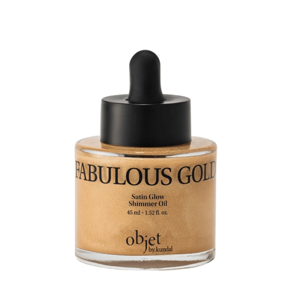Objet by KUNDAL Satin Glow Shimmer Oil Fabulous Gold 45 ml – zlatistý telový olej s trblietavým saténovým finišom pre žiarivý lesk.
