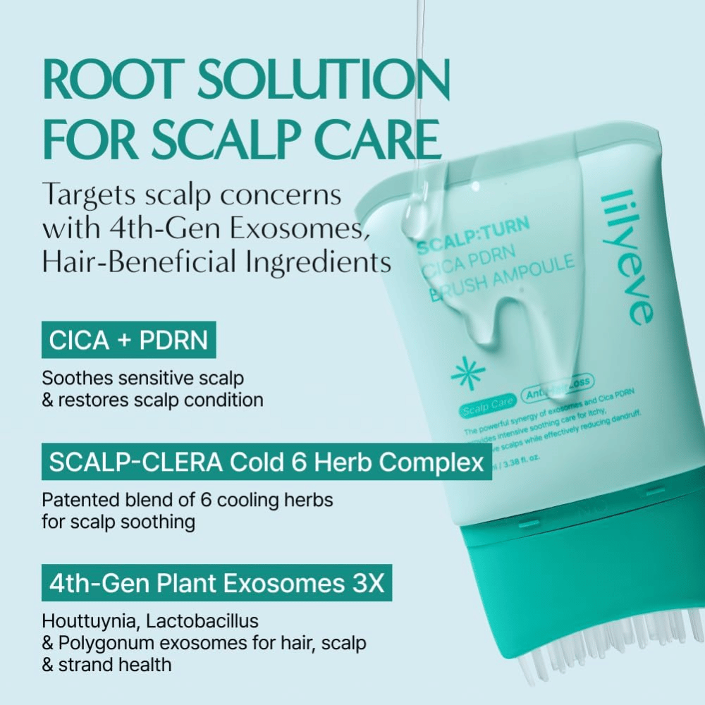 Produktový obrázok LILYEVE Scalp:Turn Cica PDRN Brush Ampoule s opisom kľúčových ingrediencií. Obrázok zdôrazňuje CICA, PDRN, chladivý bylinný komplex a rastlinné exozómy, ktoré pomáhajú upokojiť a ošetrovať citlivú pokožku hlavy.