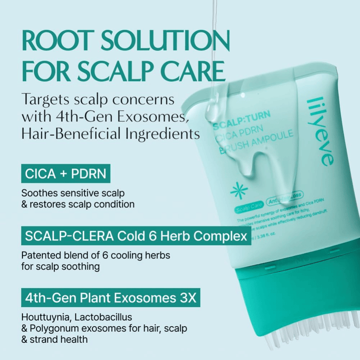 Produktový obrázok LILYEVE Scalp:Turn Cica PDRN Brush Ampoule s opisom kľúčových ingrediencií. Obrázok zdôrazňuje CICA, PDRN, chladivý bylinný komplex a rastlinné exozómy, ktoré pomáhajú upokojiť a ošetrovať citlivú pokožku hlavy.