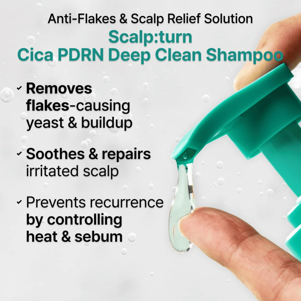 LILYEVE Scalp:Turn Cica PDRN Deep Clean Shampoo odstraňuje lupiny, upokojuje podráždenú pokožku hlavy a pomáha kontrolovať kožný maz a problémy s pokožkou hlavy súvisiace s teplom.