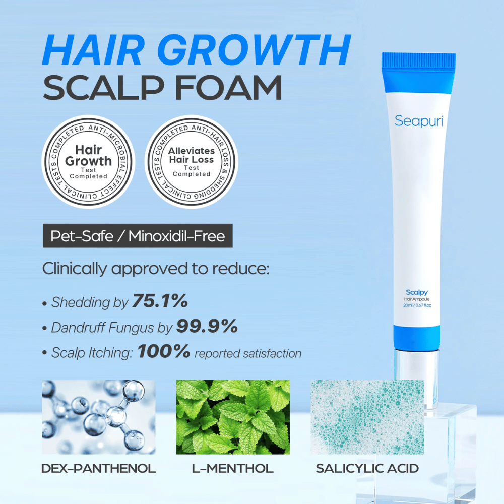 Seapuri Scalpy Hair Serum sa zobrazuje s textom, ktorý zdôrazňuje klinicky preukázaný účinok: zníženie vypadávania vlasov a lupín, zvýšený rast vlasov a upokojená pokožka hlavy.