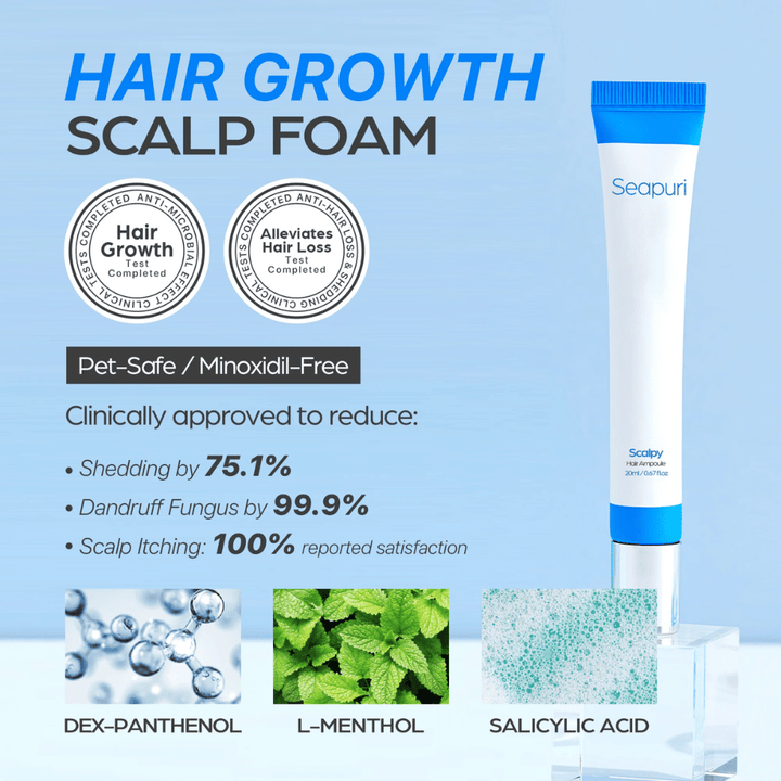 Seapuri Scalpy Hair Serum sa zobrazuje s textom, ktorý zdôrazňuje klinicky preukázaný účinok: zníženie vypadávania vlasov a lupín, zvýšený rast vlasov a upokojená pokožka hlavy.