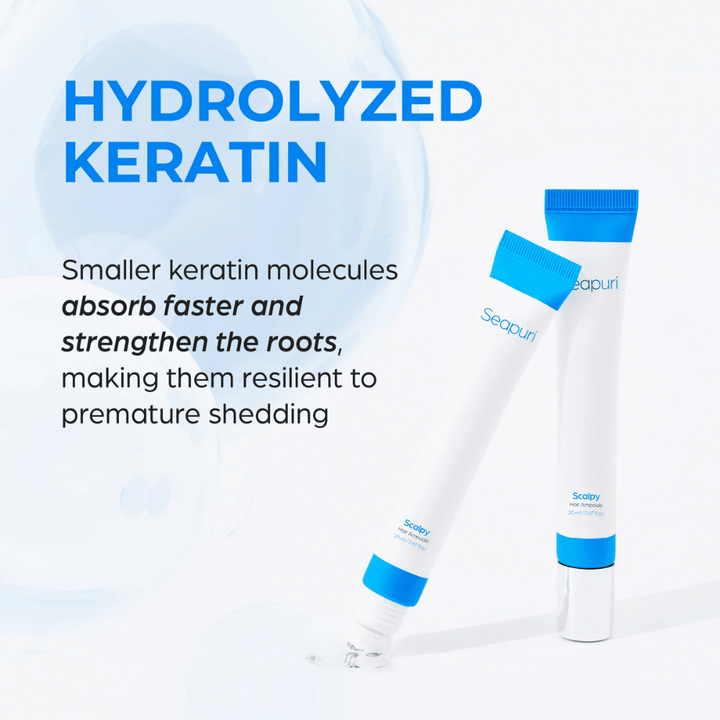 Dve tuby Seapuri Scalpy Hair Serum sú zobrazené. Text popisuje hydrolyzovaný keratín, ktorý posilňuje vlasové folikuly a zabraňuje vypadávaniu vlasov.