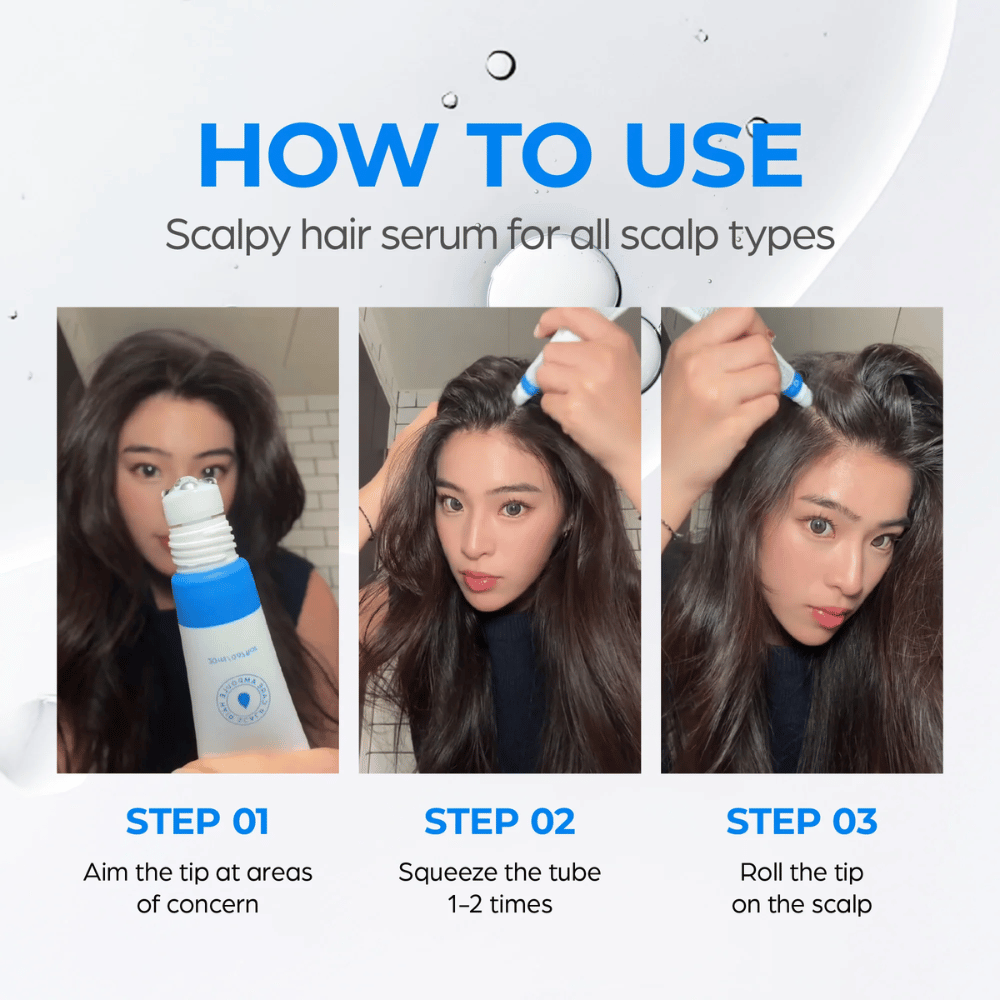 Žena aplikuje Seapuri Scalpy Hair Serum na pokožku hlavy. Krok-za-krokom sprievodca ukazuje, ako nasmerovať, stlačiť a rolovať aplikátor pre najlepší výsledok.
