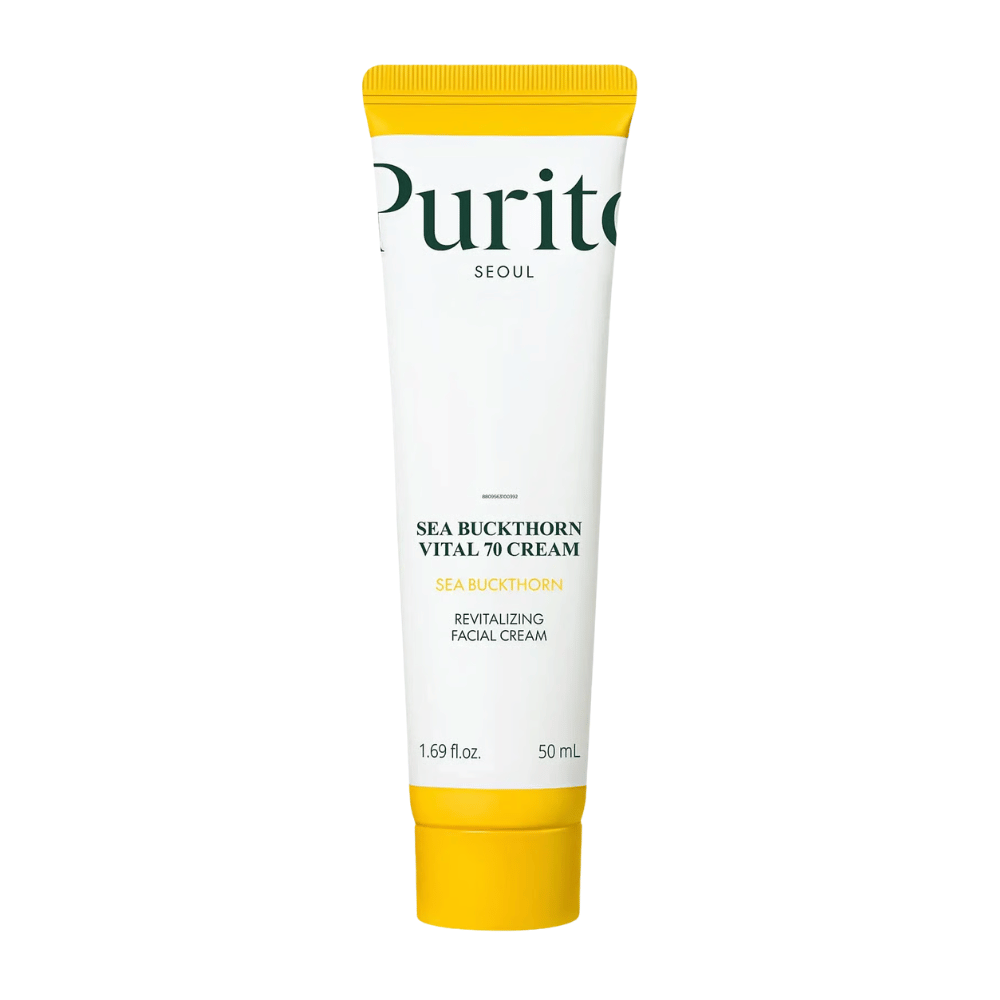 2. Purito SEOUL Sea Buckthorn Vital 70 Cream 50 ml – hydratačný pleťový krém so 70 % extraktu z rakytníka v bielej tube so žltým uzáverom na bielom pozadí