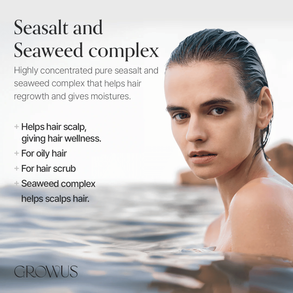 GROWUS Sea Salt Therapy Shampoo s komplexom z morských rias, ktorý upokojuje pokožku hlavy a je vhodný pre mastné vlasy