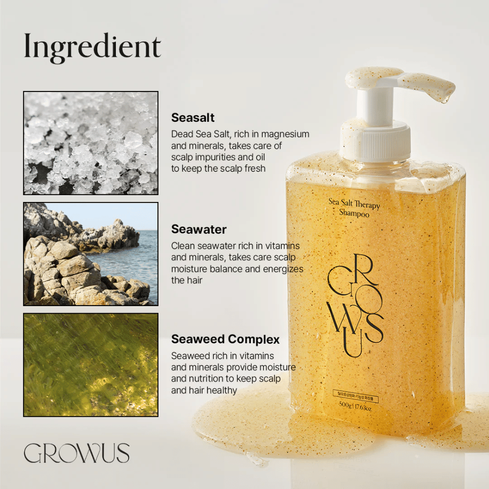 Ingrediencie v GROWUS Sea Salt Therapy Shampoo s morskou soľou, morskou vodou a komplexom z morských rias pre pokožku hlavy
