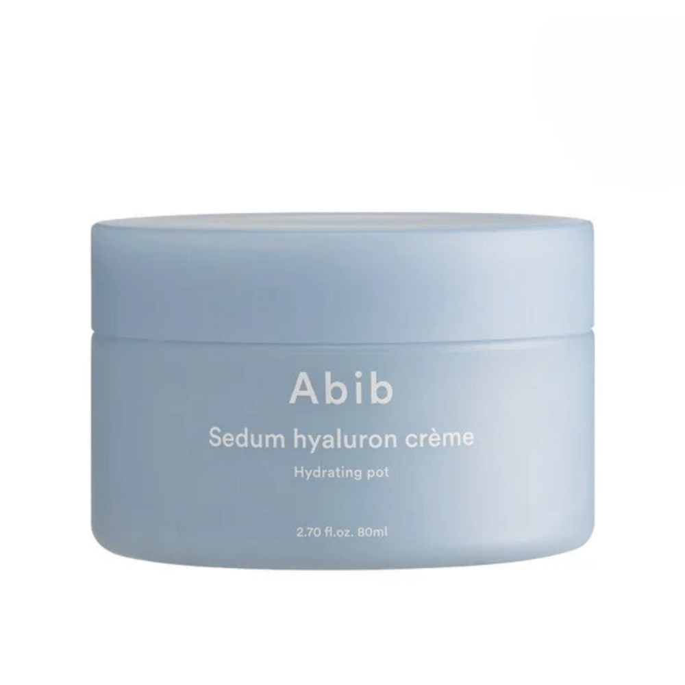 Abib Sedum Hyaluron Crème Hydrating Pot 80 ml v elegantnej, svetlomodrej okrúhlej nádobe s bielym textom.