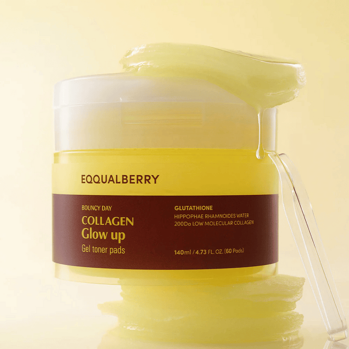 Bouncy Day Collagen Glow up Gel Toner Pads, ktoré obsahujú nízkomolekulárny kolagén a glutatión na dodanie zdravej žiary a hydratácie pokožke.
