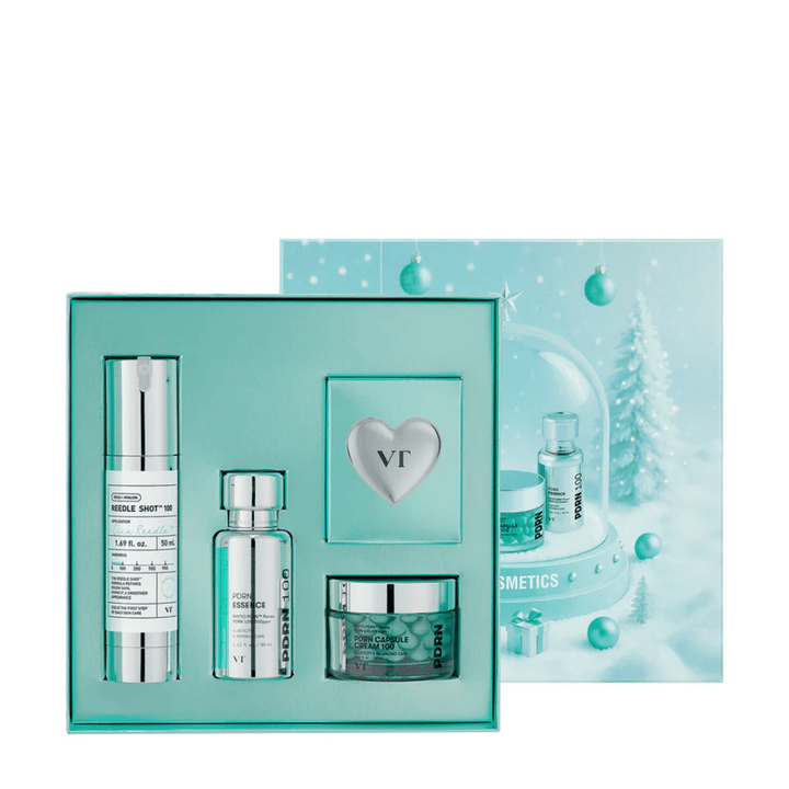 VT Cosmetics Shining Holiday Set – elegantná darčeková krabička s Reedle Shot 100, PDRN Essence, PDRN kapsulovým krémom a kľúčenkou.