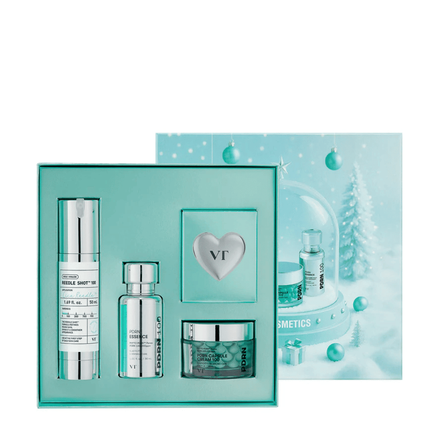 VT Cosmetics Shining Holiday Set – elegantná darčeková krabička s Reedle Shot 100, PDRN Essence, PDRN kapsulovým krémom a kľúčenkou.