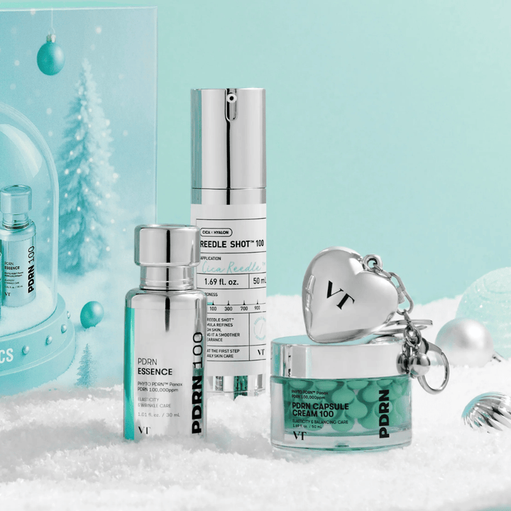 VT Cosmetics Shining Holiday Set – luxusná súprava na starostlivosť o pleť s PDRN Essence, Reedle Shot 100 a PDRN kapsulovým krémom v zimnom dizajne.