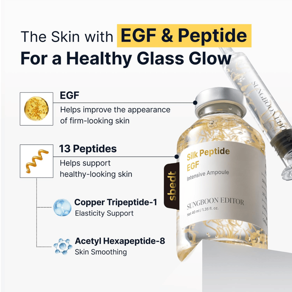 Silk Peptide EGF Intensive Ampoule obsahuje EGF, 13 peptidov, ako aj copper tripeptide-1 a acetyl hexapeptide-8, ktoré spolu pomáhajú podporovať elasticitu pleti, zlepšovať vzhľad pleti a dodávať prirodzený jas.