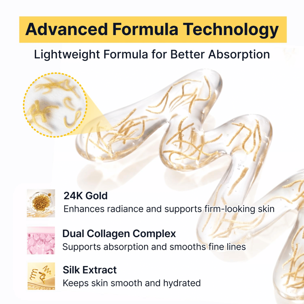 Silk Peptide EGF Intensive Ampoule kombinuje 24K zlato, hodvábny extrakt a komplex dvojitého kolagénu, aby pleti dodal jas, hydratáciu a pevnejší pocit, zatiaľ čo sa jeho ľahké zloženie rýchlo vstrebáva.