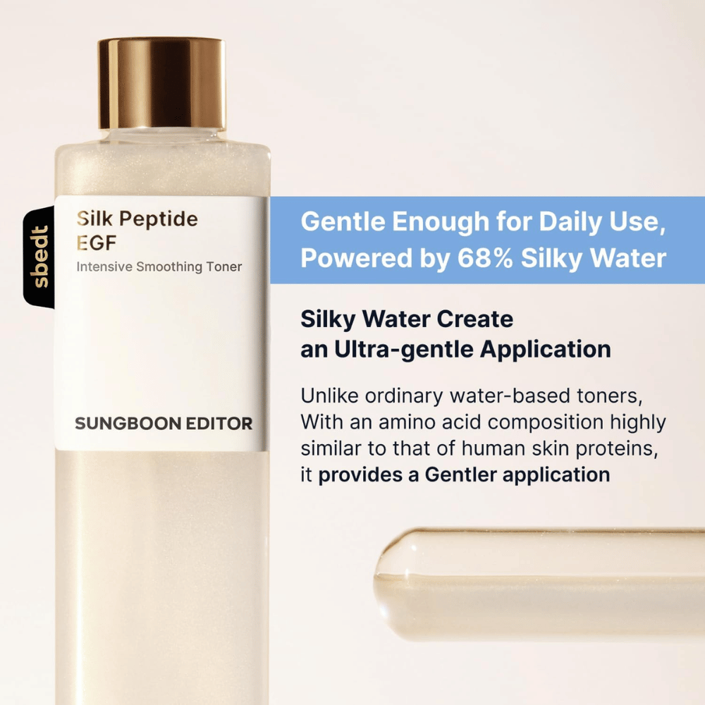 SUNGBOON EDITOR Silk Peptide EGF Intensive Smoothing Toner – jemný toner so 68 % silky water na každodenné použitie