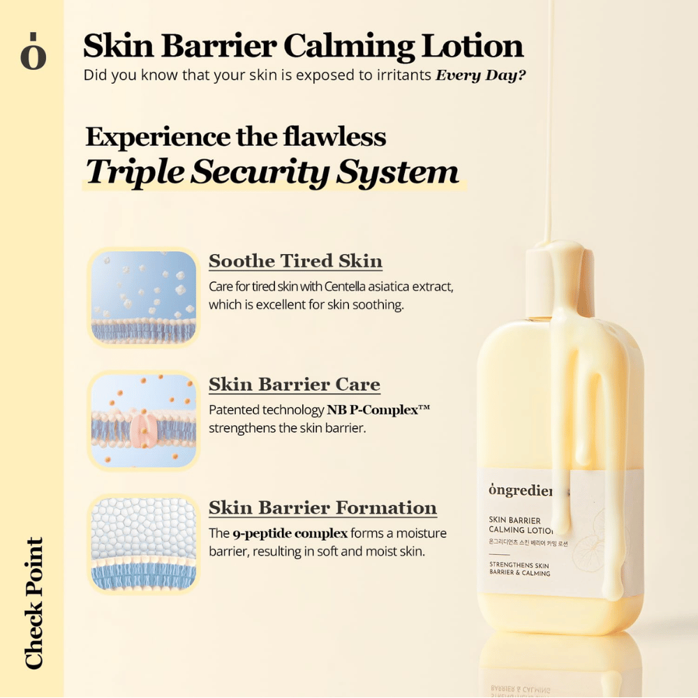 Ongredients Skin Barrier Calming Lotion s Centella Asiatica a peptidmi, ktoré upokojujú pokožku, posilňujú kožnú bariéru a poskytujú dlhodobú hydratáciu.