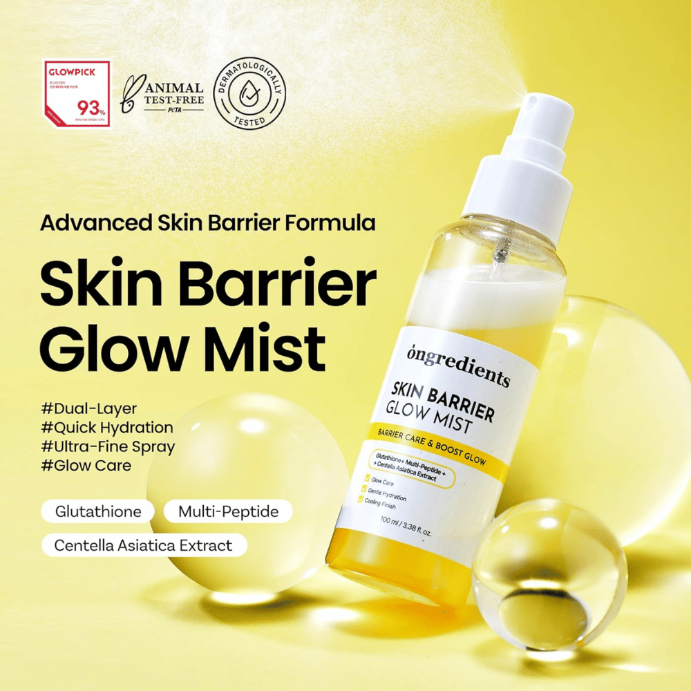 Ongredients Skin Barrier Glow Mist 100 ml pleťového spreja s ceramidmi, peptidmi a Centella Asiatica na hydratáciu a posilnenie kožnej bariéry.