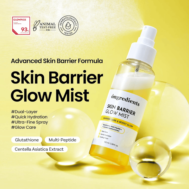 Ongredients Skin Barrier Glow Mist 100 ml pleťového spreja s ceramidmi, peptidmi a Centella Asiatica na hydratáciu a posilnenie kožnej bariéry.
