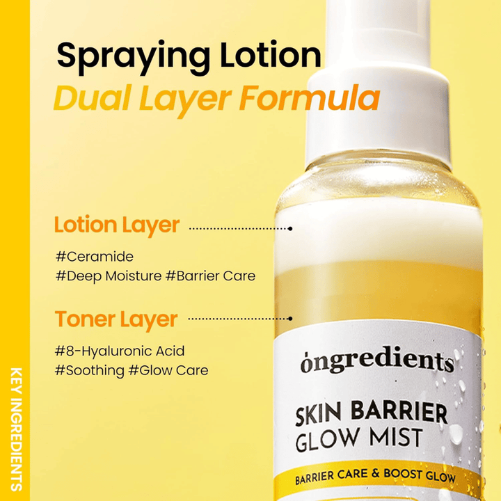 Ongredients Skin Barrier Glow Mist dvojvrstvový pleťový sprej s kyselinou hyalurónovou a ceramidmi, ktorý poskytuje hĺbkovú hydratáciu a chráni kožnú bariéru.