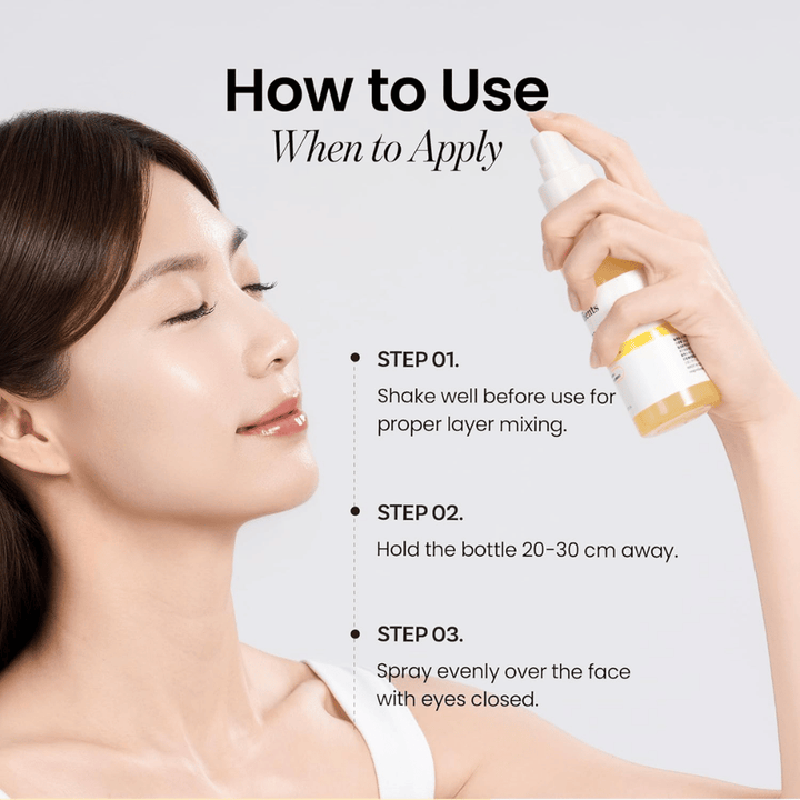 Ongredients Skin Barrier Glow Mist používa sa ako pleťový sprej zo vzdialenosti 20–30 cm od pokožky na rýchlu hydratáciu, jas a osvieženie počas dňa.