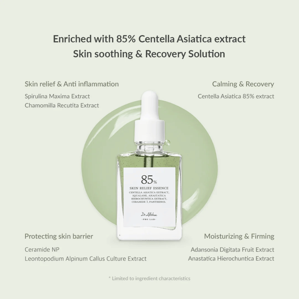 Dr. Althea Skin Relief Essence je obohatená o 85 % extraktu z Centella Asiatica a ponúka upokojujúcu a obnovujúcu starostlivosť. Obsahuje protizápalové ingrediencie ako spirulina a harmanček, ceramidy na posilnenie kožnej bariéry a hydratačné extrakty z baobabu a anastatiky. Perfektné pre citlivú, červenú a stresovanú pokožku.