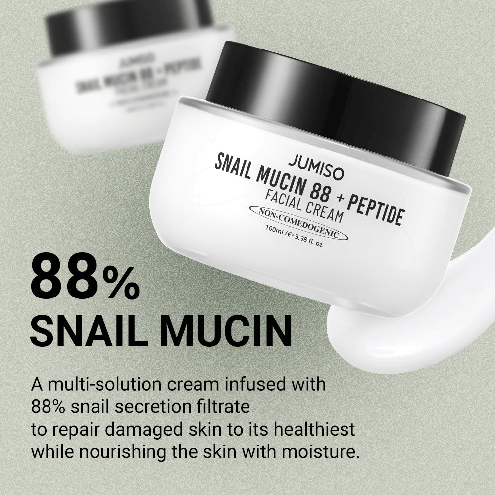 JUMISO Snail Mucin 88 + Peptide Facial Cream s 88 % filtrátom slimačieho sekrétu, navrhnutý na opravu poškodenej pokožky a hĺbkovú hydratáciu. Text na obrázku popisuje jeho obnovujúce a hydratačné vlastnosti.