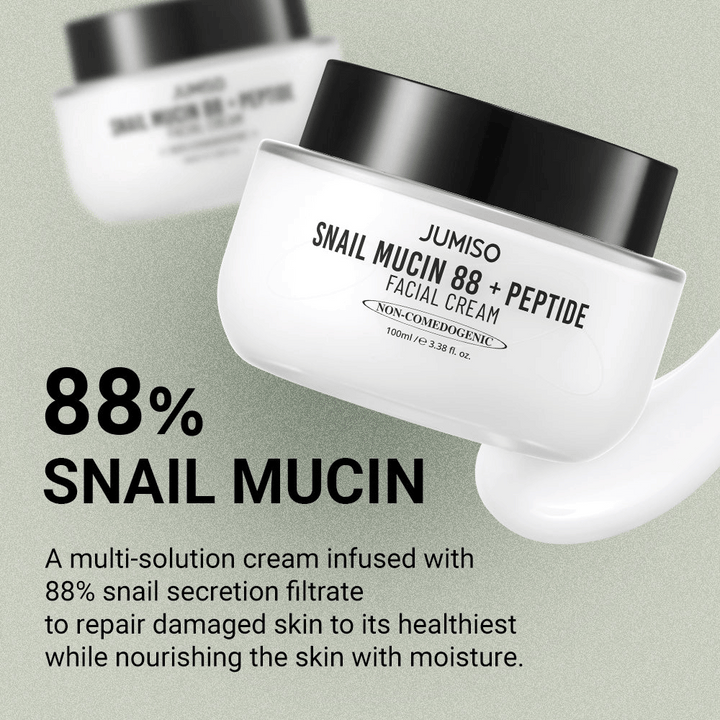 JUMISO Snail Mucin 88 + Peptide Facial Cream s 88 % filtrátom slimačieho sekrétu, navrhnutý na opravu poškodenej pokožky a hĺbkovú hydratáciu. Text na obrázku popisuje jeho obnovujúce a hydratačné vlastnosti.