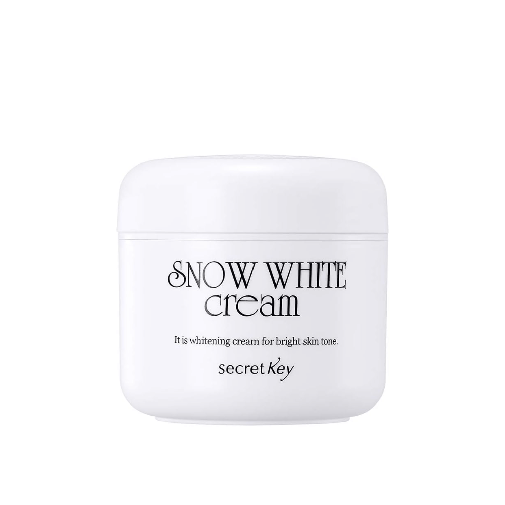 Obrázok produktu Secret Key Snow White Cream v bielej nádobe s čiernym textom na bielom pozadí.