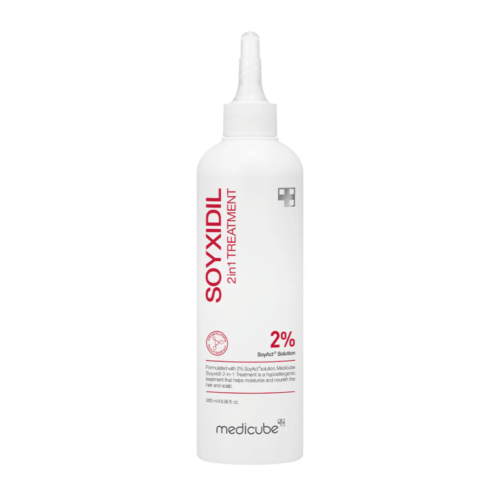 Obrázok produktu Medicube Soyxidil 2in1 Treatment v bielej fľaši s červeným textom. Obsahuje 2% SoyAct™ Solution na posilnenie vlasov a pokožky hlavy.