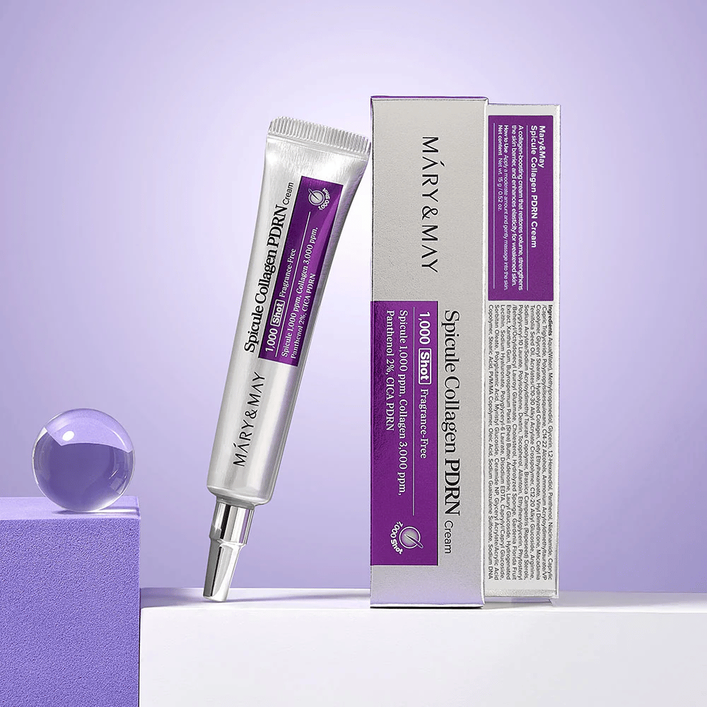 Mary & May Spicule Collagen PDRN Cream vedľa originálneho balenia, regeneračný pleťový krém s kolagénom, PDRN a spikulami.