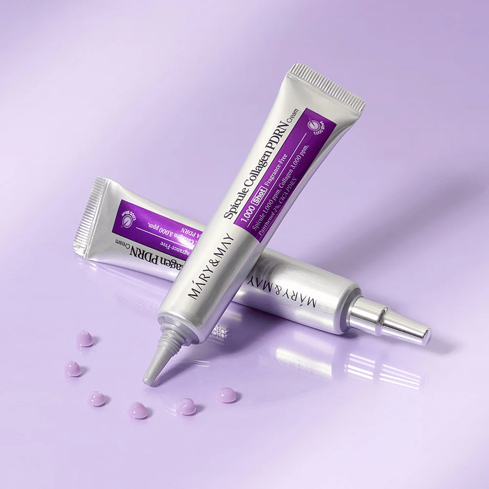 Mary & May Spicule Collagen PDRN Cream vo viacerých tubách na fialovom pozadí, intenzívny obnovujúci pleťový krém so spikule technológiou a kolagénom.