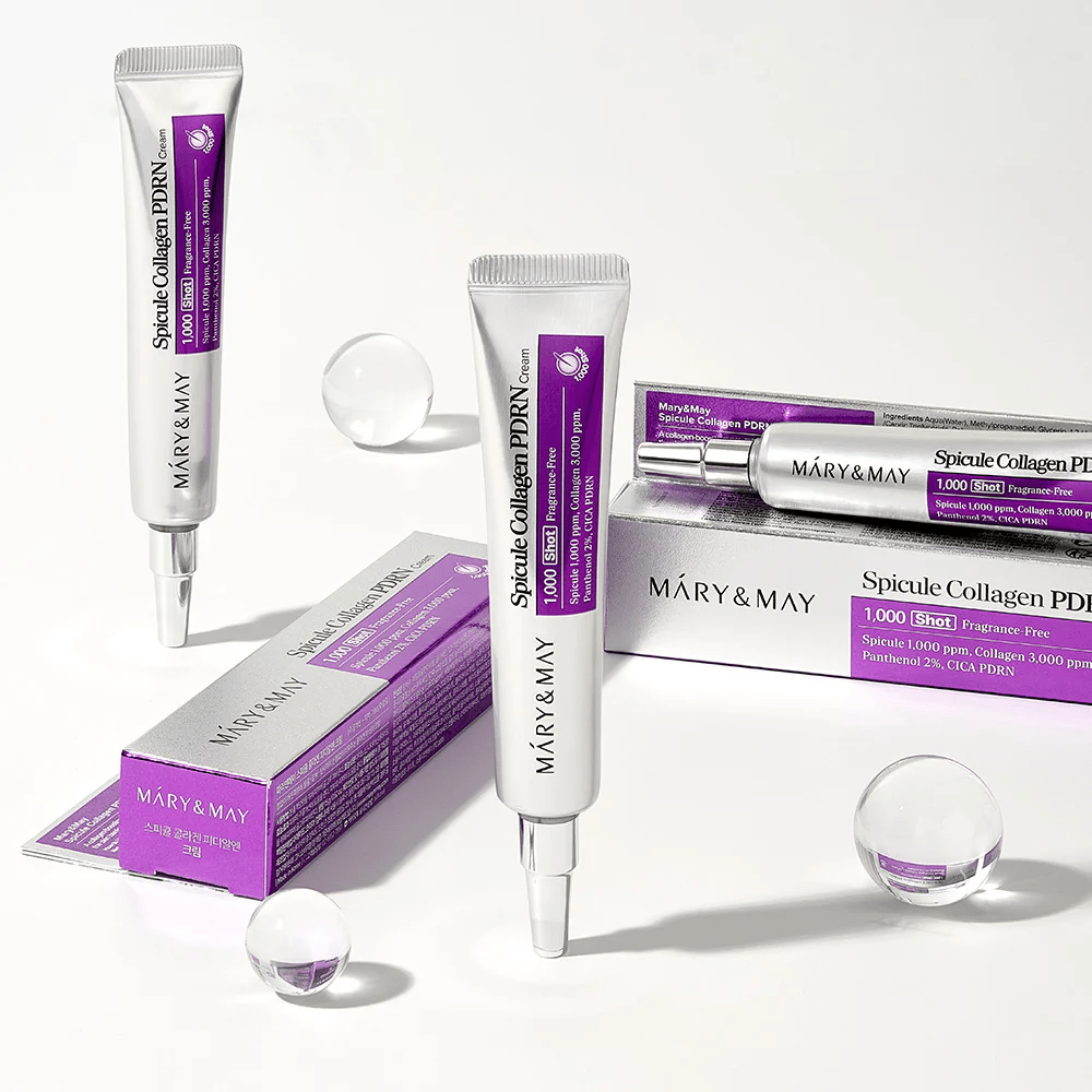 Mary & May Spicule Collagen PDRN Cream v tube s balením, kórejská starostlivosť o pleť so spikulami, kolagénom a PDRN pre obnovu pokožky a zlepšenú elasticitu.