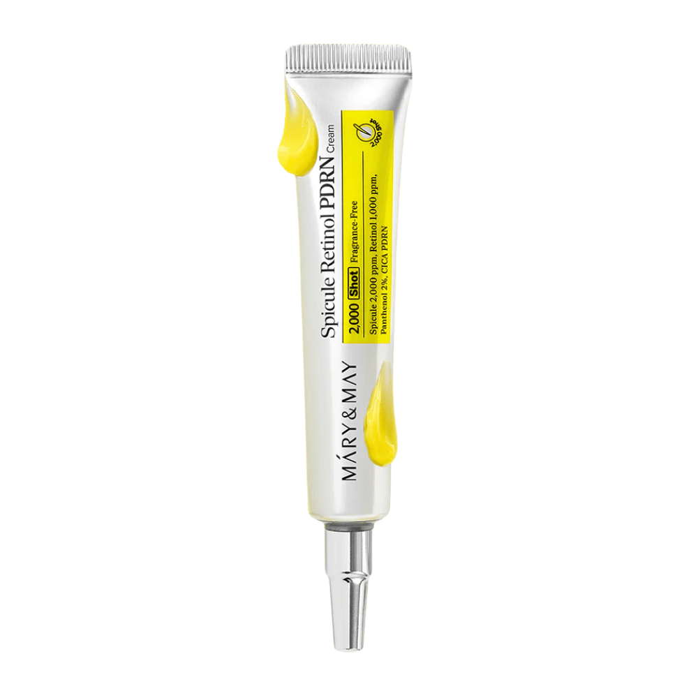 Obrázok produktu MARY & MAY Spicule Retinol PDRN Cream v tube na bielom pozadí, aktívny pleťový krém s retinolom a PDRN vhodný pre zrelú a nerovnomernú pokožku.