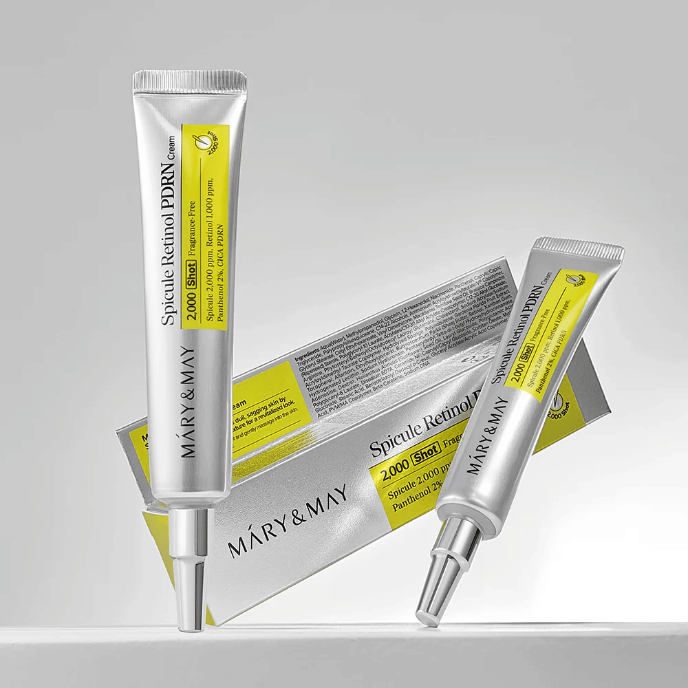 MARY & MAY Spicule Retinol PDRN Cream v tube spolu s originálnym balením, kórejský pleťový krém s retinolom a PDRN, ktorý podporuje regeneráciu pokožky.