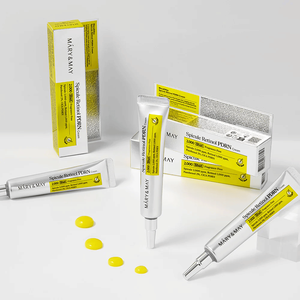 MARY & MAY Spicule Retinol PDRN Cream s viacerými tubami a viditeľnou textúrou krému, navrhnutý na stimuláciu obnovy buniek, zlepšenie elasticity a rovnomernejší tón pokožky.