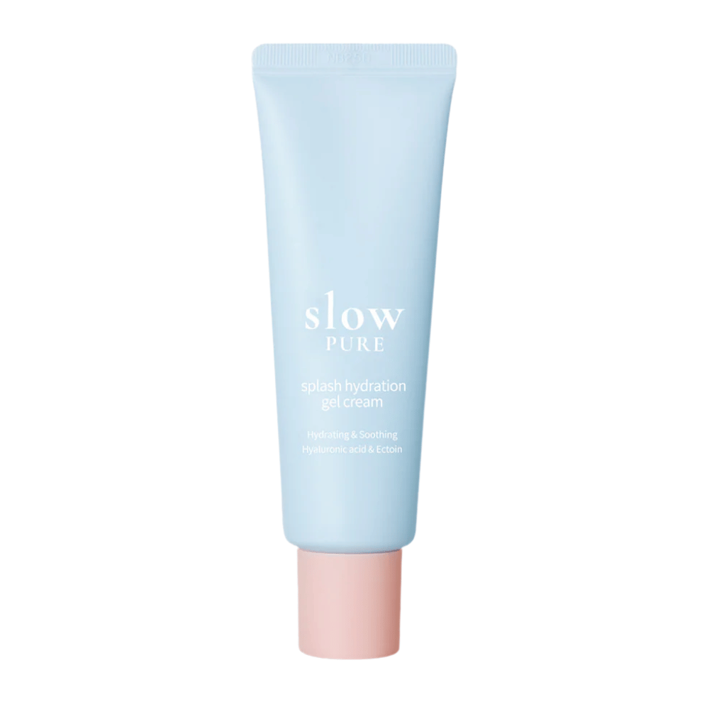 Slow Pure Splash Hydration Gel Cream v modrej tube s ružovým uzáverom, hydratačný gélový krém s kyselinou hyalurónovou a ectoinom.