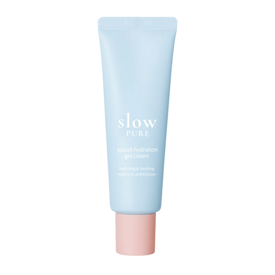 Slow Pure Splash Hydration Gel Cream v modrej tube s ružovým uzáverom, hydratačný gélový krém s kyselinou hyalurónovou a ectoinom.