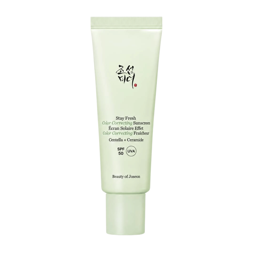 5. Beauty of Joseon Stay Fresh Color Correcting Sunscreen SPF 50 – zelený farebne korigujúci opaľovací krém na bielom pozadí