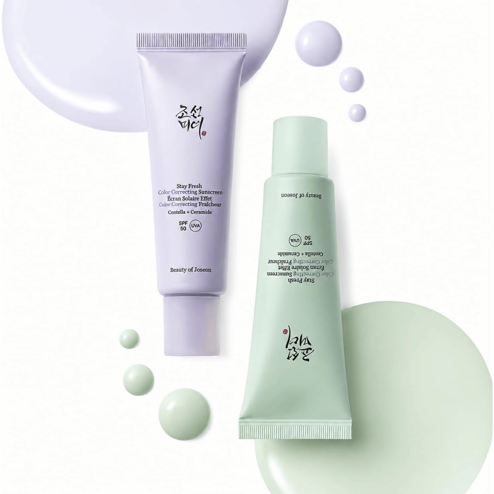 3. Beauty of Joseon Stay Fresh Color Correcting Sunscreen SPF 50 – zelený a fialový opaľovací krém so vzorkami farieb