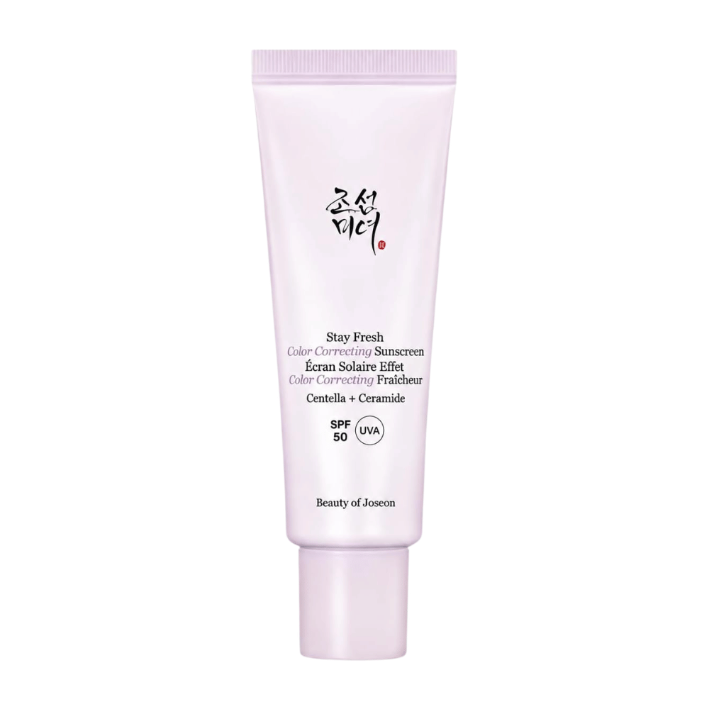 4. Beauty of Joseon Stay Fresh Color Correcting Sunscreen SPF 50 – fialový farebne korigujúci opaľovací krém na bielom pozadí