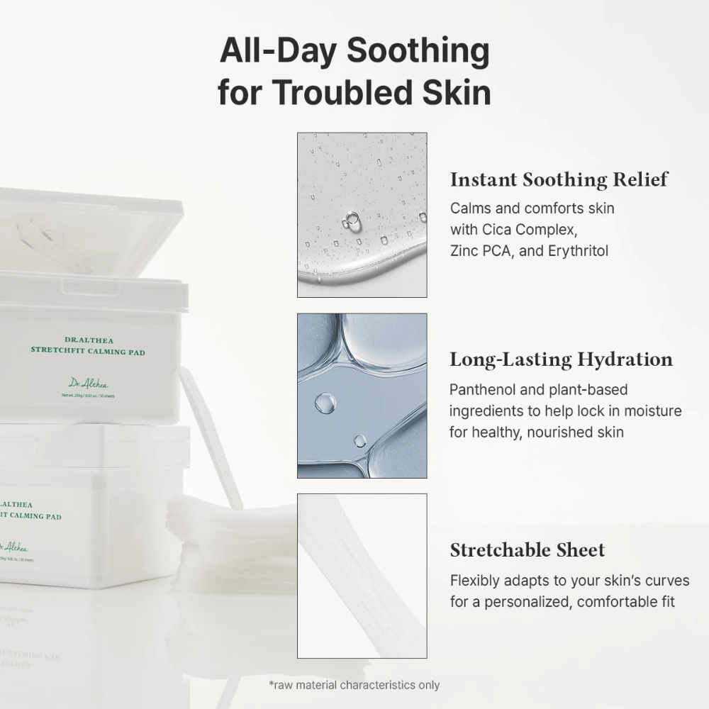 Obrázok – účinok / výhody (konverzia)
Dr. Althea Stretchfit Calming Pad ktoré poskytujú dlhotrvajúcu hydratáciu, znižujú podráždenie a chladia citlivú pleť po celý deň.