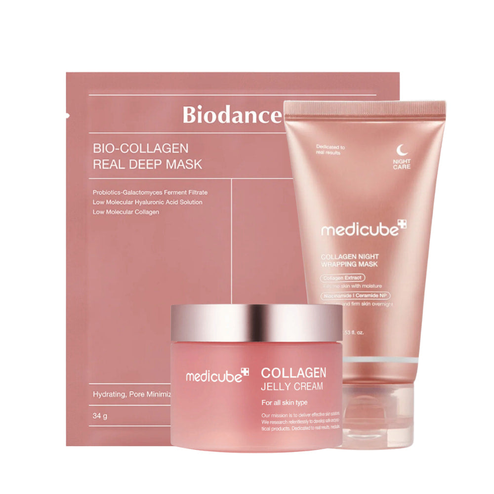 Súprava produktov "Sweet Dreams Skincare" od Medicube, navrhnutá na zlepšenie pevnosti a žiarivosti pokožky počas noci. Obsahuje "Collagen Jelly Cream", "Collagen Night Wrapping Mask" a "Bio-Collagen Real Deep Mask". Tieto produkty sú obohatené o kolagén, probiotiká a kyselinu hyalurónovú a sú určené na hydratáciu a minimalizáciu pórov, čo poskytuje jemnú a hladkú pokožku.