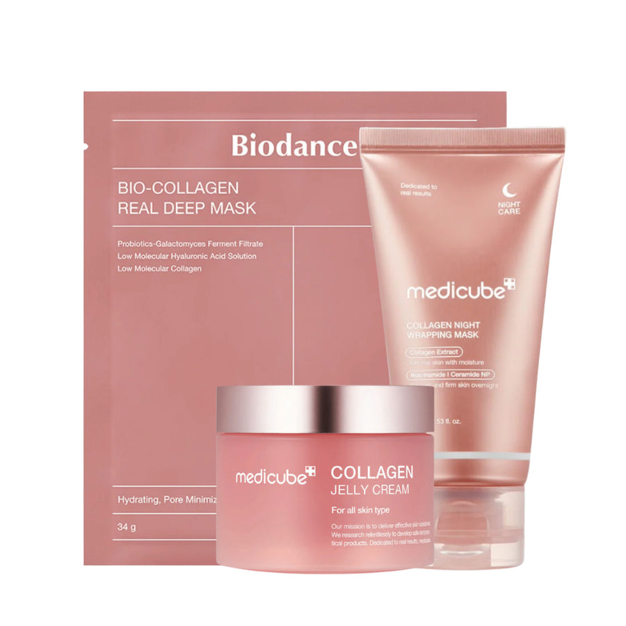Súprava produktov "Sweet Dreams Skincare" od Medicube, navrhnutá na zlepšenie pevnosti a žiarivosti pokožky počas noci. Obsahuje "Collagen Jelly Cream", "Collagen Night Wrapping Mask" a "Bio-Collagen Real Deep Mask". Tieto produkty sú obohatené o kolagén, probiotiká a kyselinu hyalurónovú a sú určené na hydratáciu a minimalizáciu pórov, čo poskytuje jemnú a hladkú pokožku.