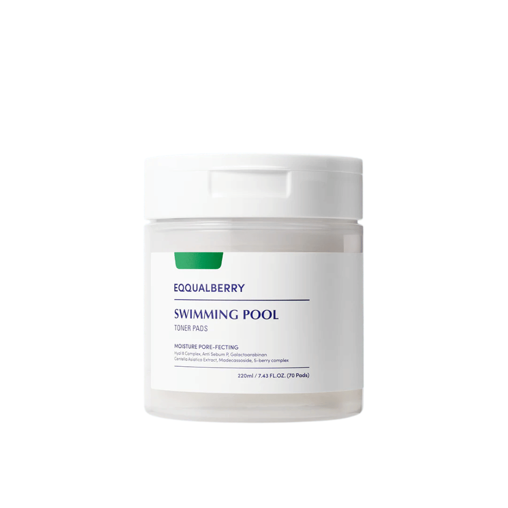 Produktový obrázok Equalberry Swimming Pool Toner Pads – 70 hydratačných a póry zužujúcich vankúšikov s vegánskymi ingredienciami pre sviežu a vyváženú pleť.