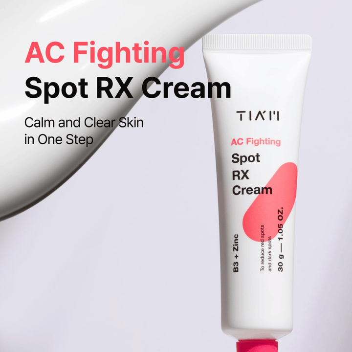 TIA'M AC Fighting Spot RX Cream – upokojujúci krém, ktorý poskytuje jasnejšiu pleť v jednom kroku s ošetrujúcimi zložkami ako B3 a zinok.