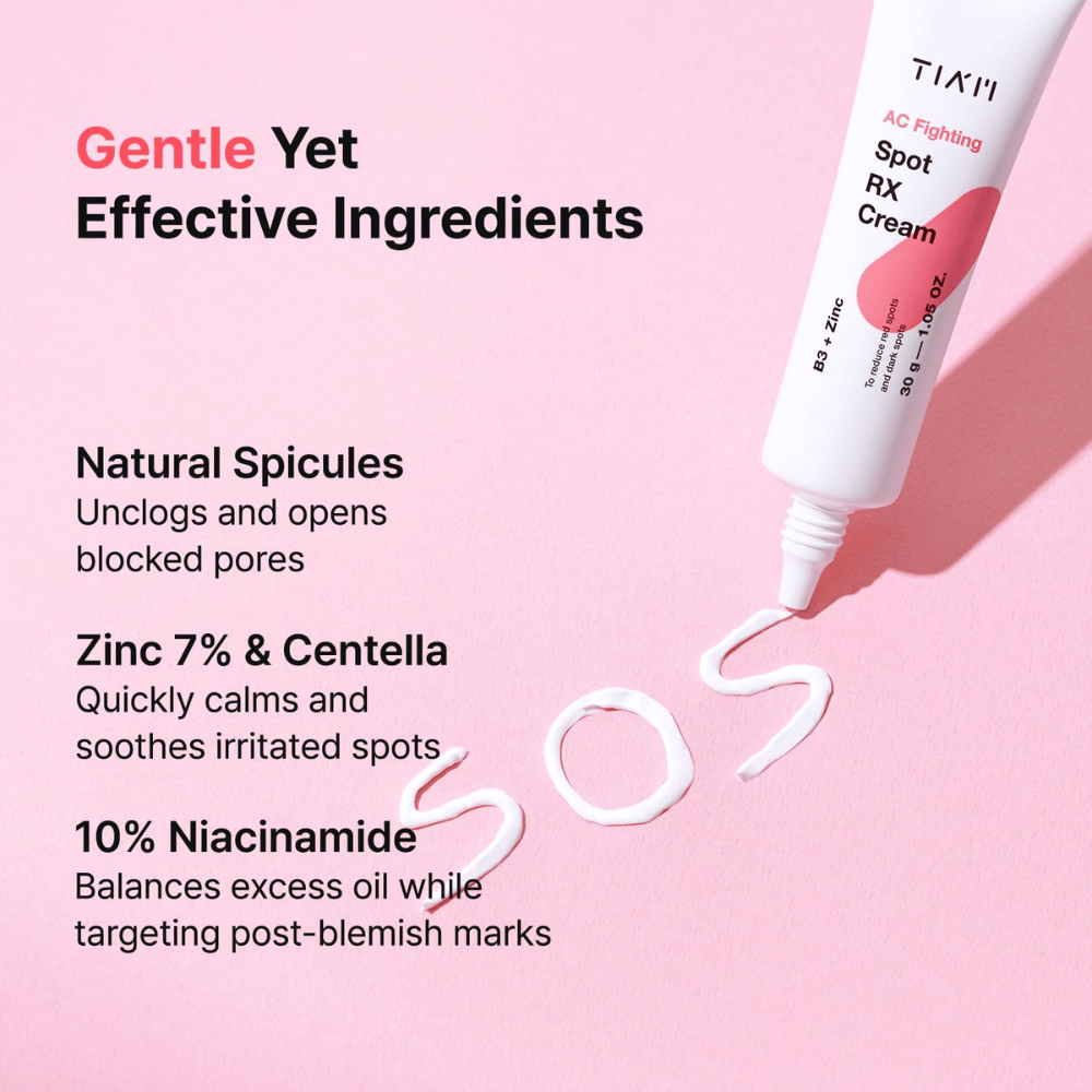 TIA'M AC Fighting Spot RX Cream so zinkom, niacínamidom a centellou – upokojuje, vyvažuje maz a redukuje červené škvrny.