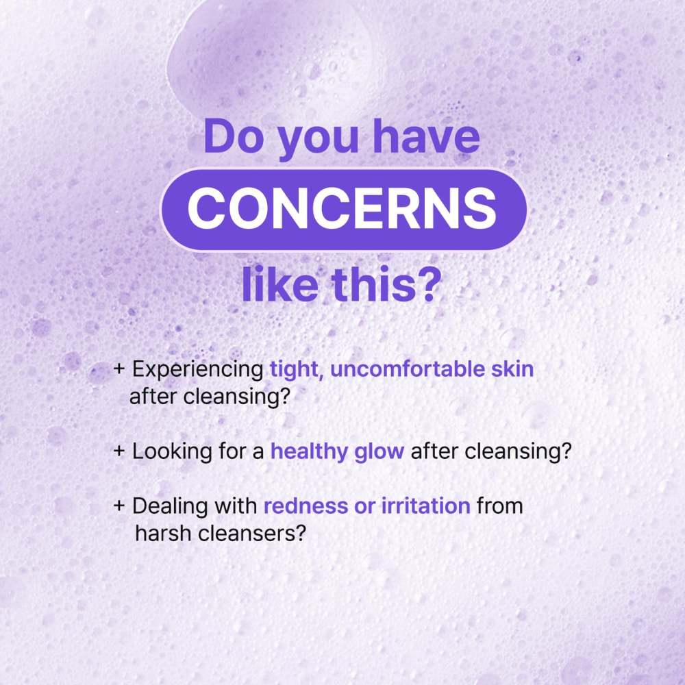 Ilustrácia s otázkami o problémoch s pokožkou ako suchosť, podráždenie a napätie po čistení, so zameraním na upokojujúci účinok TIA'M Snail & Azulene Low pH Cleanser.