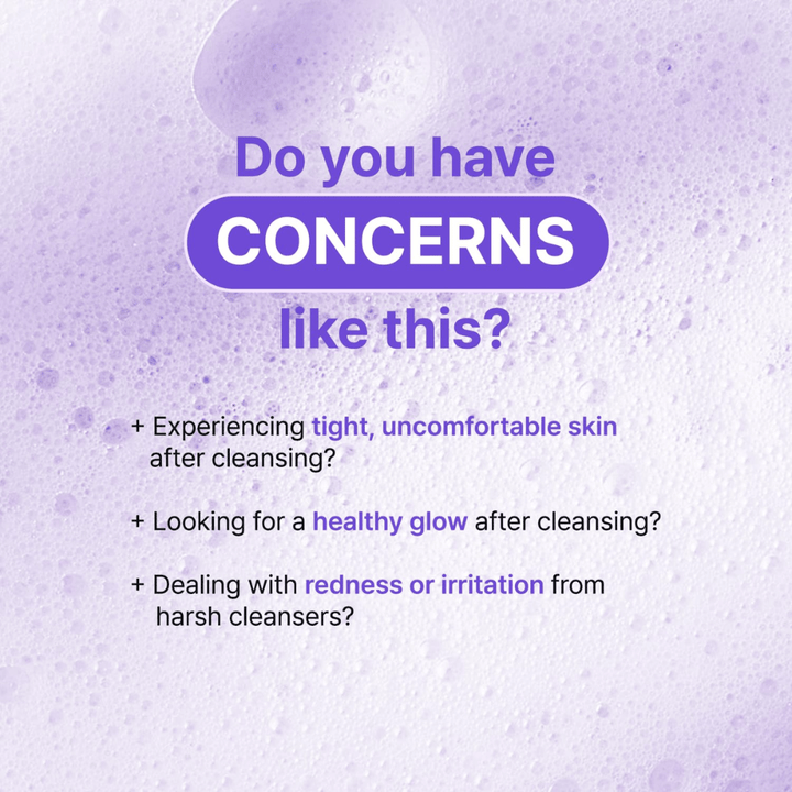 Ilustrácia s otázkami o problémoch s pokožkou ako suchosť, podráždenie a napätie po čistení, so zameraním na upokojujúci účinok TIA'M Snail & Azulene Low pH Cleanser.