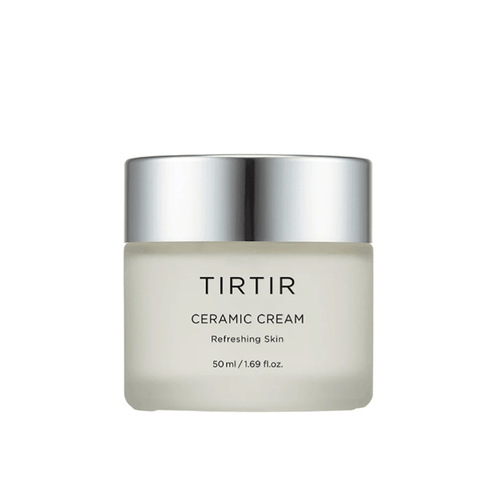 Pohár TIRTIR Ceramic Cream určený na "Refreshing Skin", s objemom 50 ml / 1.69 fl oz. Pohár má prechodovú farbu z bielej na priehľadnú a strieborné viečko.